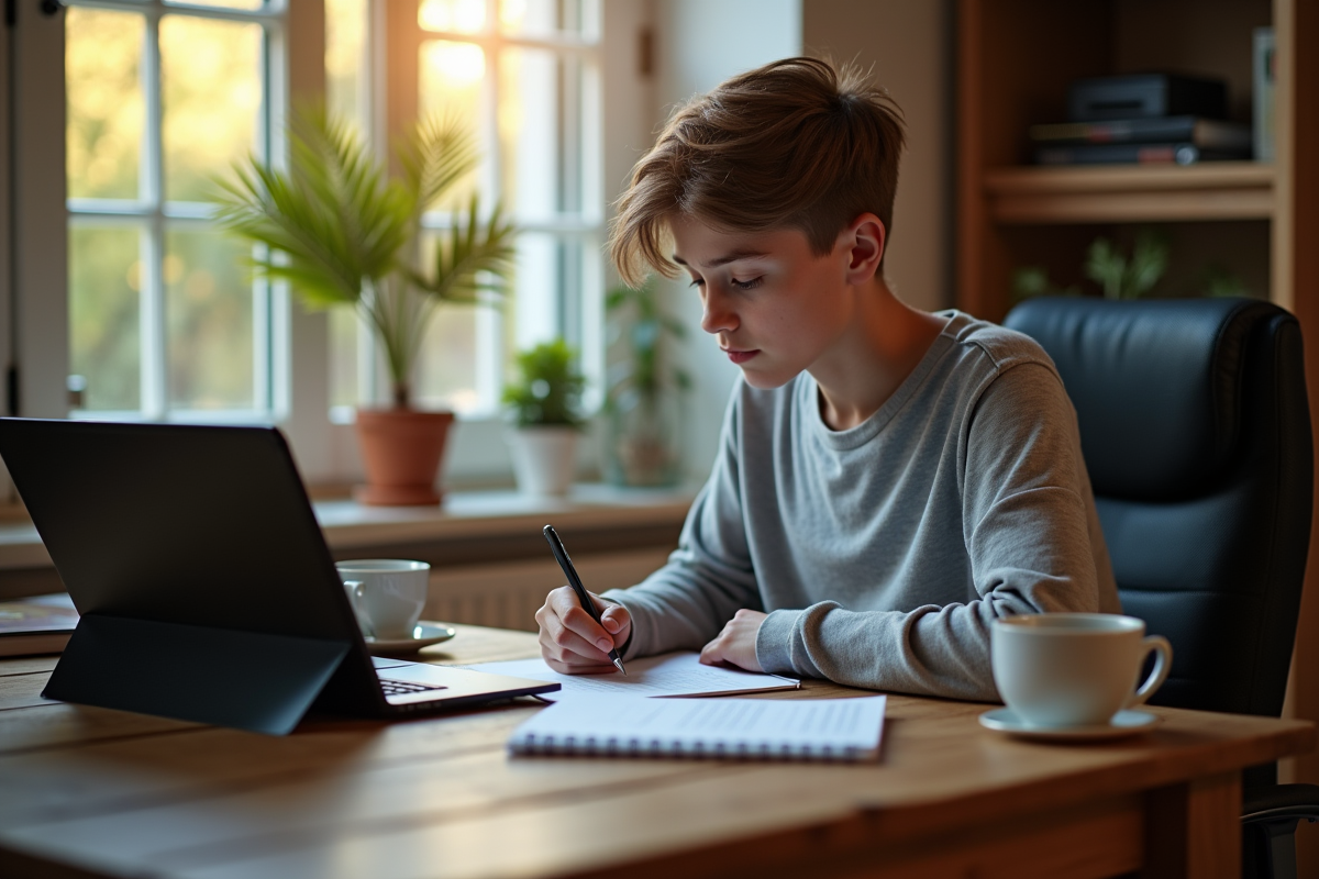 Jeune conducteur utilisant une tablette sur un bureau à la maison