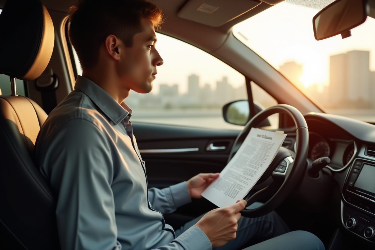 Jeune conducteur tenant papiers d'assurance voiture avec ville moderne