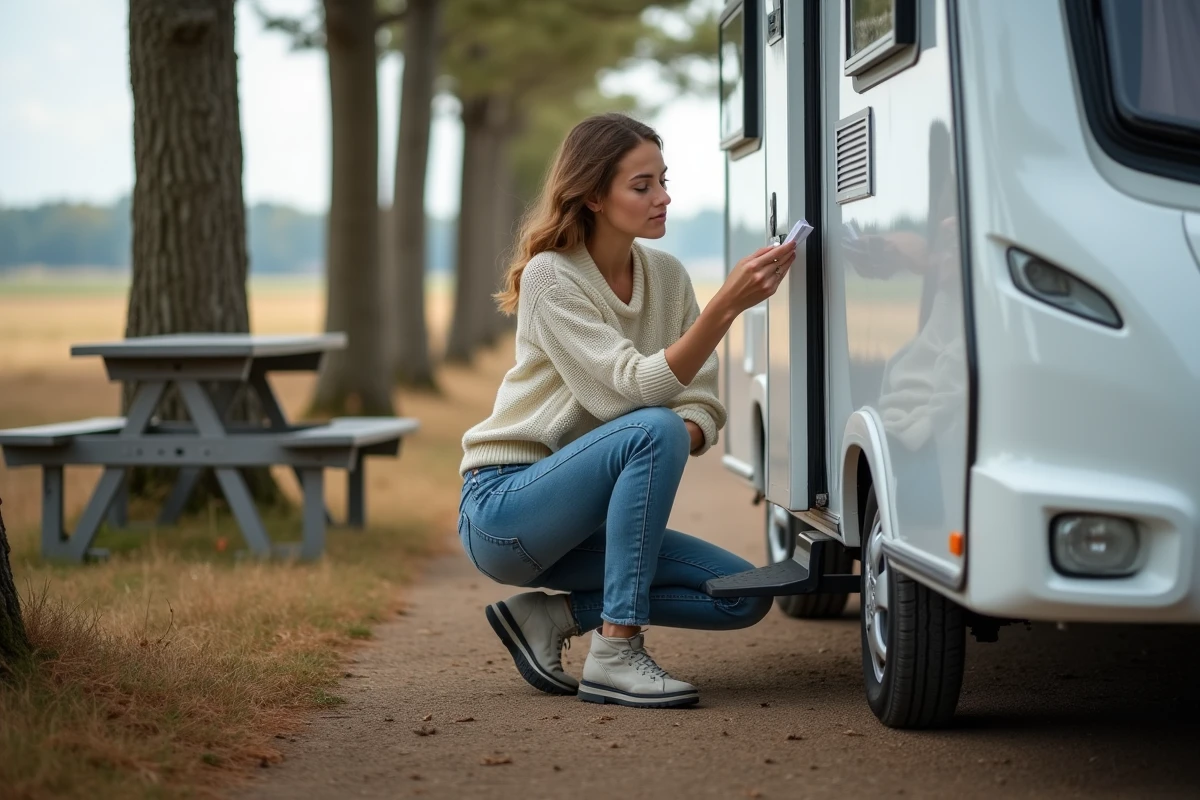 Jeune femme inspectant les pneus d