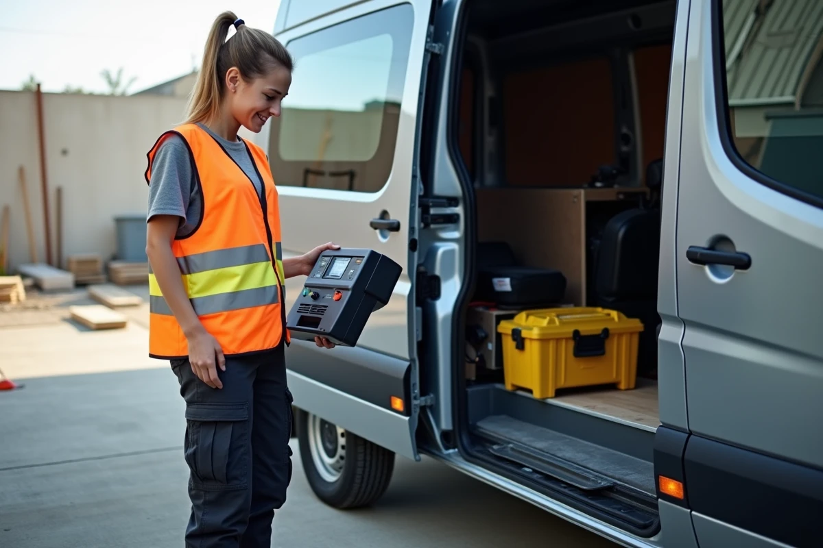 Jeune femme vérifiant un inverter portable à côté de la camionnette