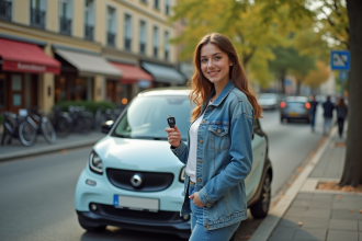 Jeune femme souriante avec microcar en ville