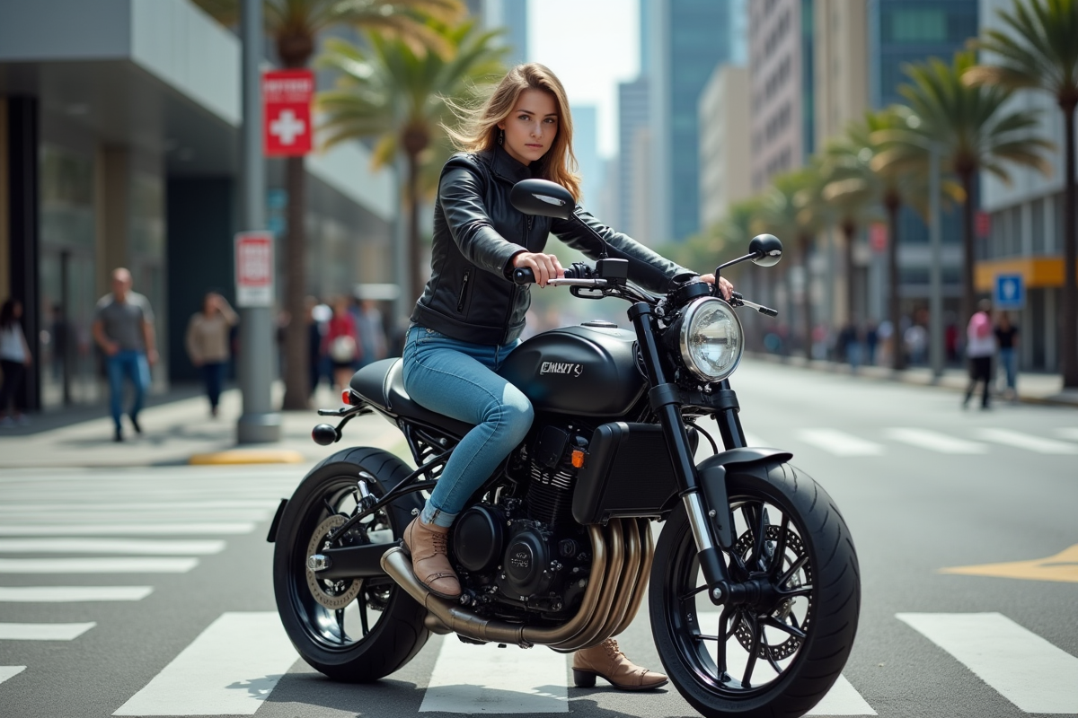 Jeune femme en ville sur une moto moderne et élégante
