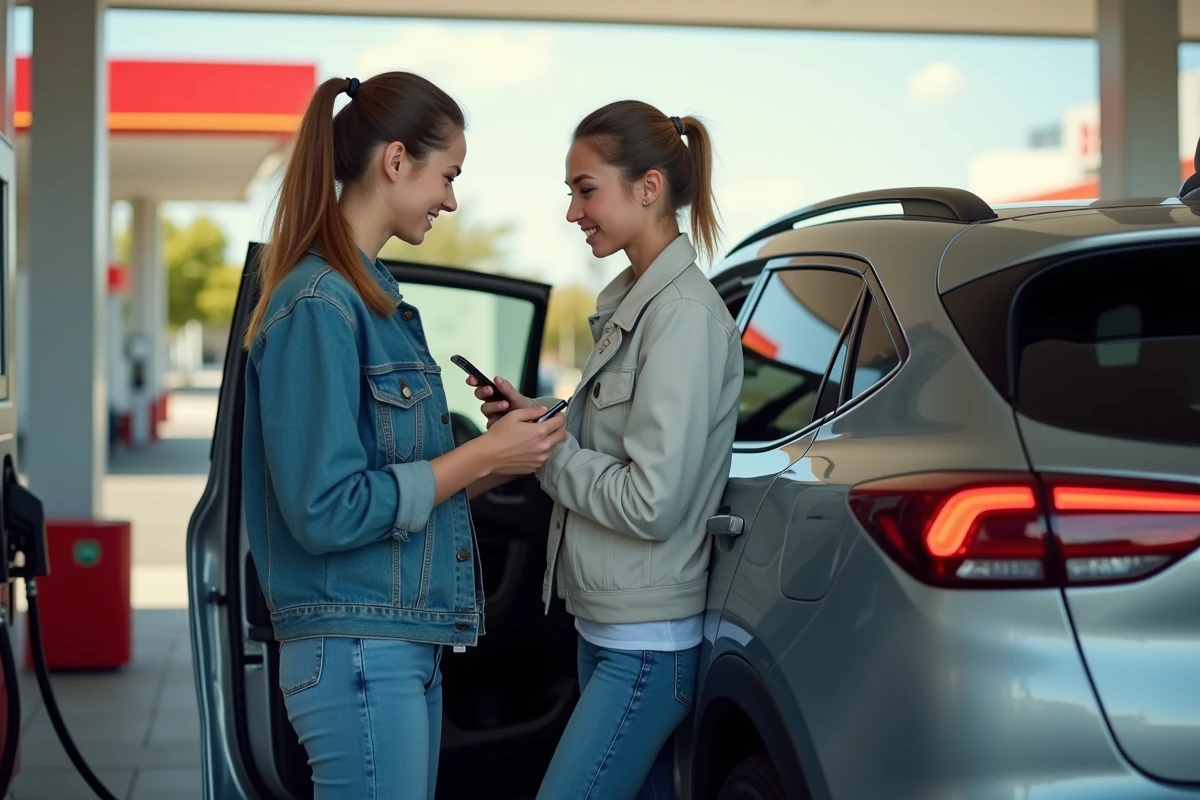 Jeune femme regardant le tableau de bord de sa voiture au station service