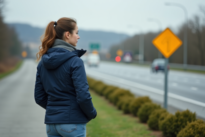 Jeune femme observant un panneau routier jaune sur l'autoroute