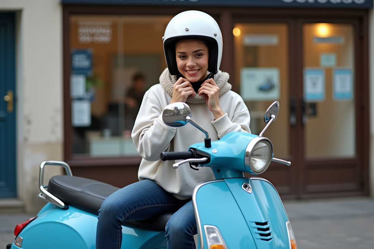 Jeune femme avec casque scooter devant école de conduite