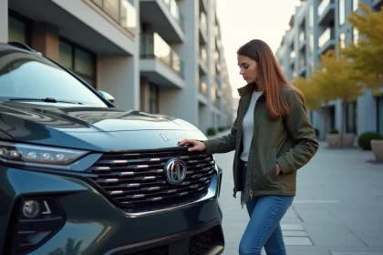 Jeune femme examine une voiture compacte 2026 dans la ville