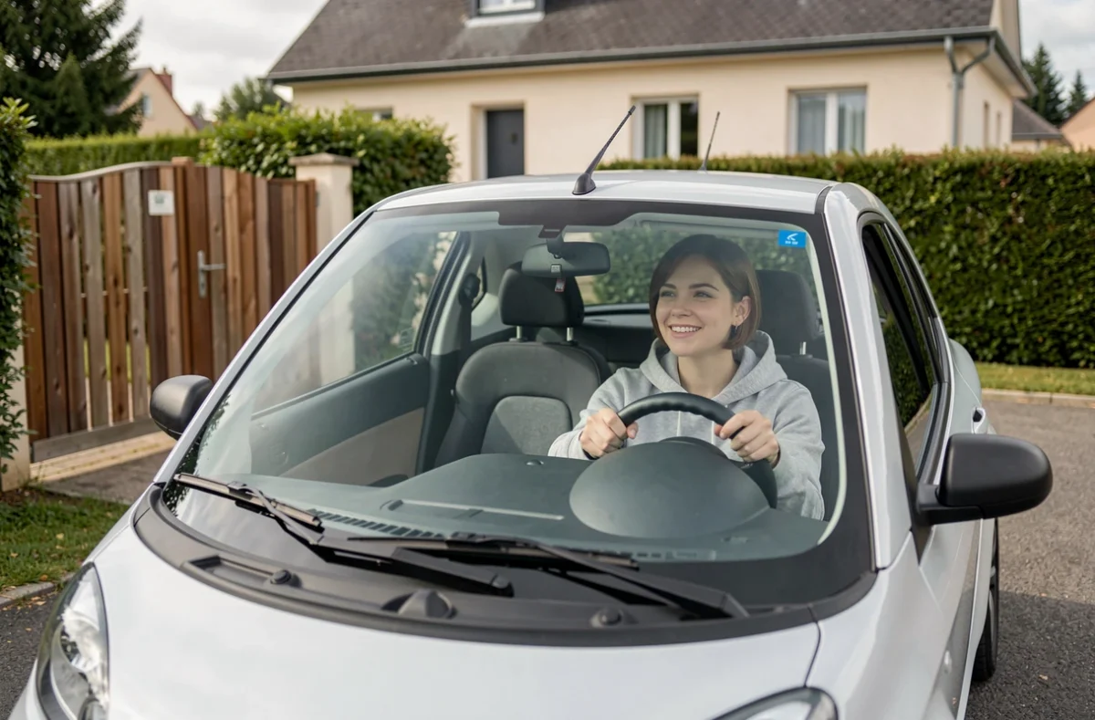Jeune femme souriante au volant d'une Ligier IXO dans une allée résidentielle française