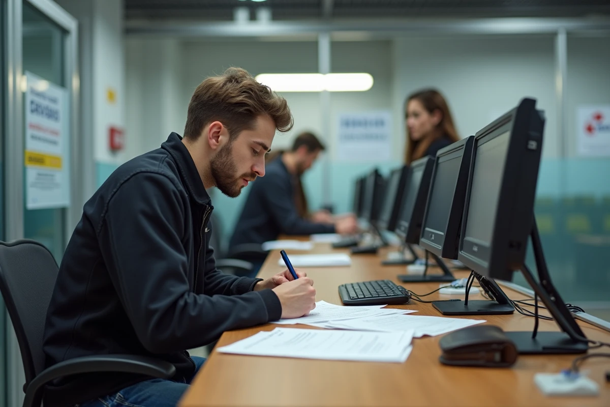 Jeune homme remplissant papiers dans un bureau administratif
