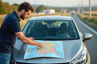 Jeune homme étudiant une carte de France sur la voiture