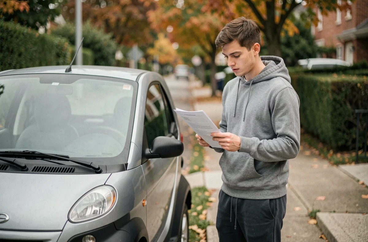 Jeune homme consultant un document administratif à côté d'une voiture sans permis garée en banlieue