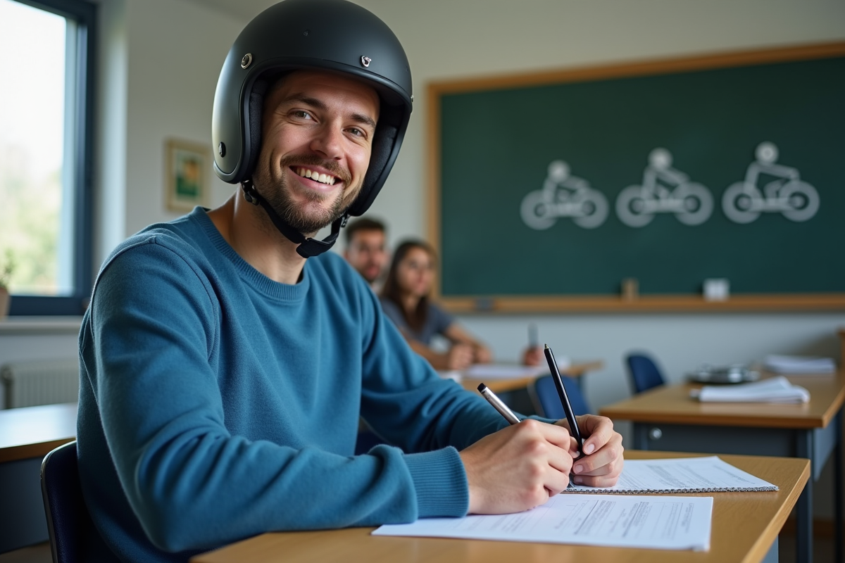 Jeune homme en classe de conduite moto
