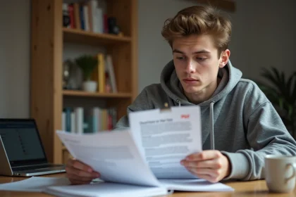 Jeune homme étudiant des questions de permis de conduire sur un document PDF imprimé à son bureau