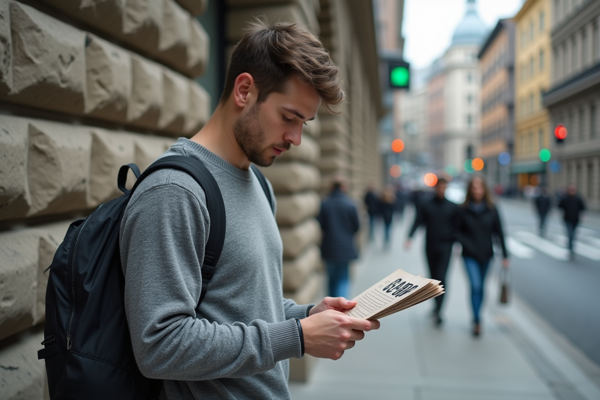 Jeune homme lisant un flyer dans la rue urbaine