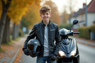 Jeune garçon souriant avec scooter dans rue résidentielle