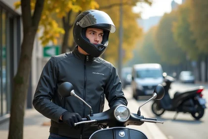 Jeune homme avec casque et veste en moto près d'un scooter en ville