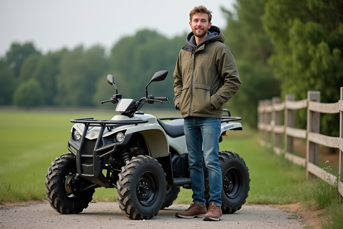Jeune homme avec quad tout-terrain en campagne