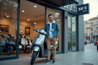 Jeune homme avec scooter devant concession
