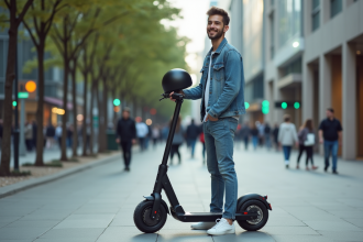 Jeune homme avec scooter électrique en ville