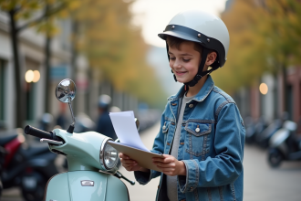 Adolescent souriant avec scooter en ville