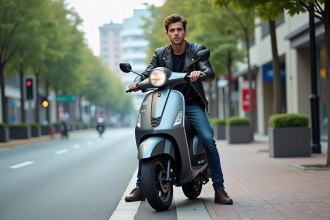 Jeune homme en moto scooter en ville dynamique