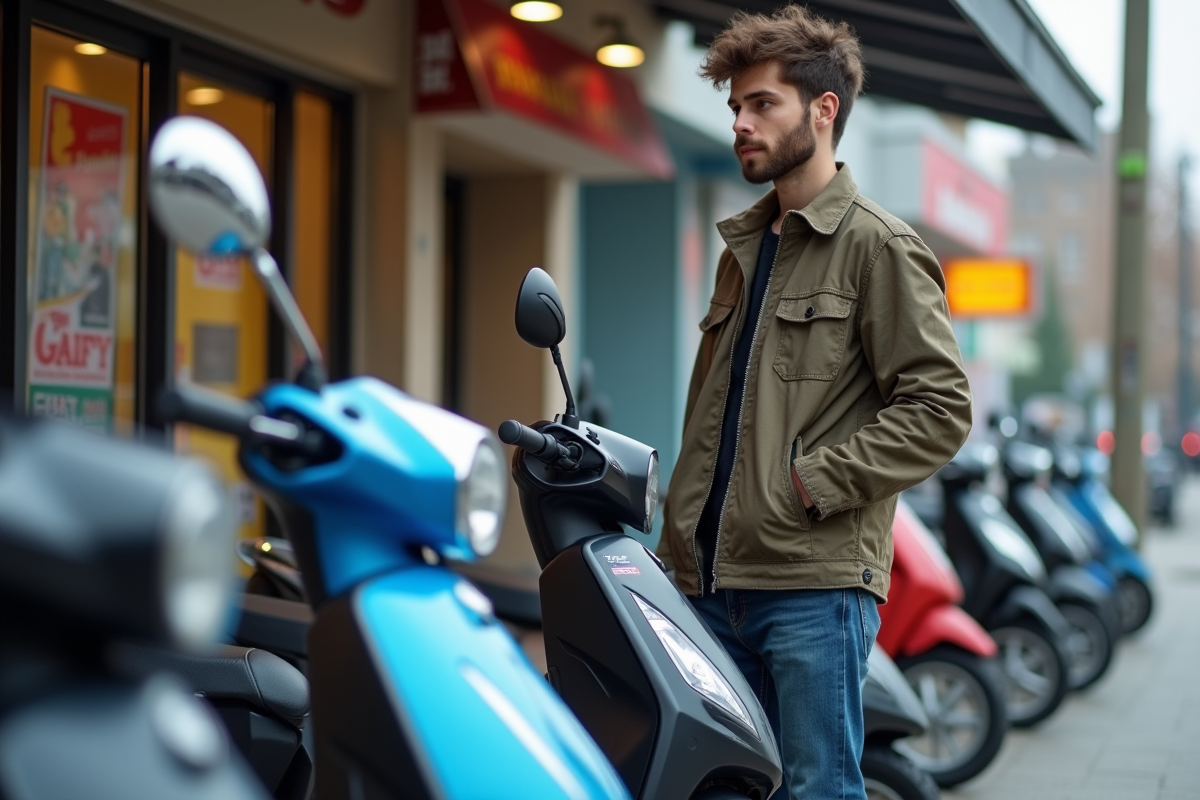 Jeune homme inspectant des scooters 50cc en ville