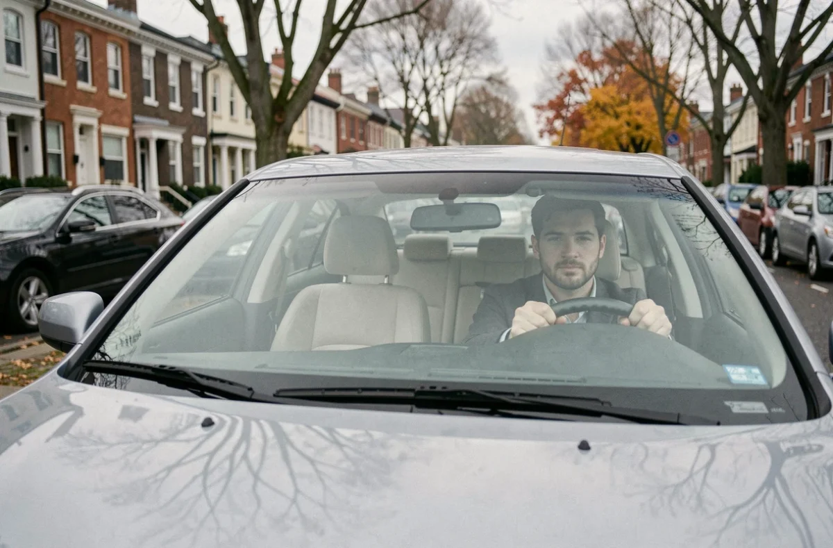 Jeune homme garant une voiture empruntée dans une rue résidentielle calme en ville