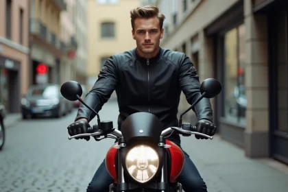 Jeune motard en veste textile noire assis sur une moto A2 rouge et noire dans une rue urbaine pavée