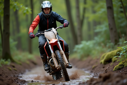 Jeune homme en motocross dans la forêt lors d'une balade