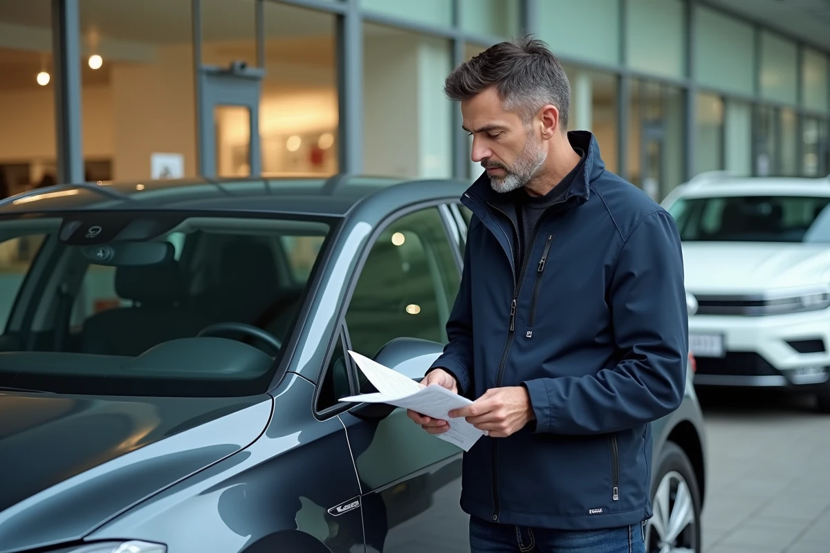 Journaliste automobile consultant la fiche technique d'une Golf 7 dans une concession, en référence aux implications du malus au poids en 2026