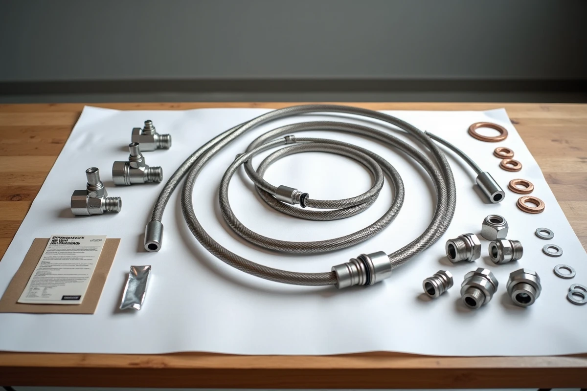 Kit complet de durites aviation pour moto disposé en flat-lay avec raccords AN, rondelles cuivre et tuyaux tressés inox
