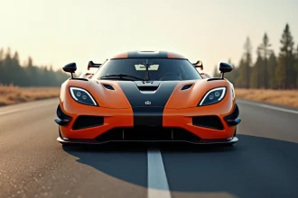 Koenigsegg Agera RS en finition carbone mat orange sur une route désertique suédoise, vue 3/4 avant mettant en valeur l'aérodynamisme agressif de l'hypercar