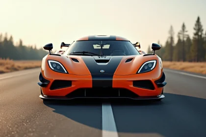Koenigsegg Agera RS en finition carbone mat orange sur une route désertique suédoise, vue 3/4 avant mettant en valeur l'aérodynamisme agressif de l'hypercar
