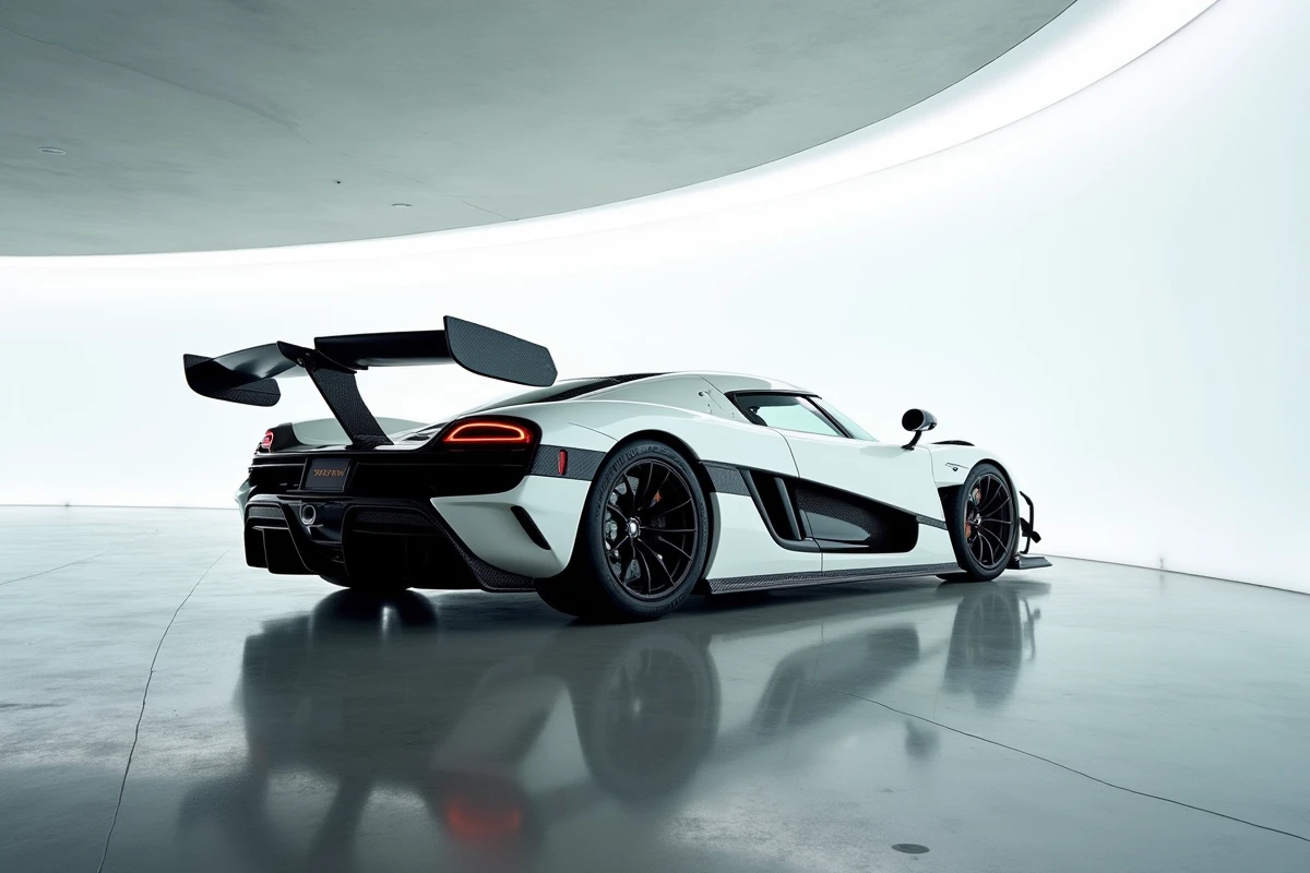 Koenigsegg Jesko Absolut blanc nacré exposé dans un showroom scandinave minimaliste, vue grand angle au niveau du sol révélant l'aérodynamique arrière spectaculaire
