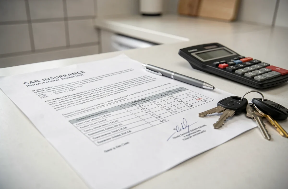 Lettre de renouvellement d'assurance auto avec tableau de coefficient bonus-malus posée sur une table de cuisine