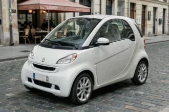 Ligier JSo blanche garée dans une rue pavée française, vue en perspective 3/4 avant