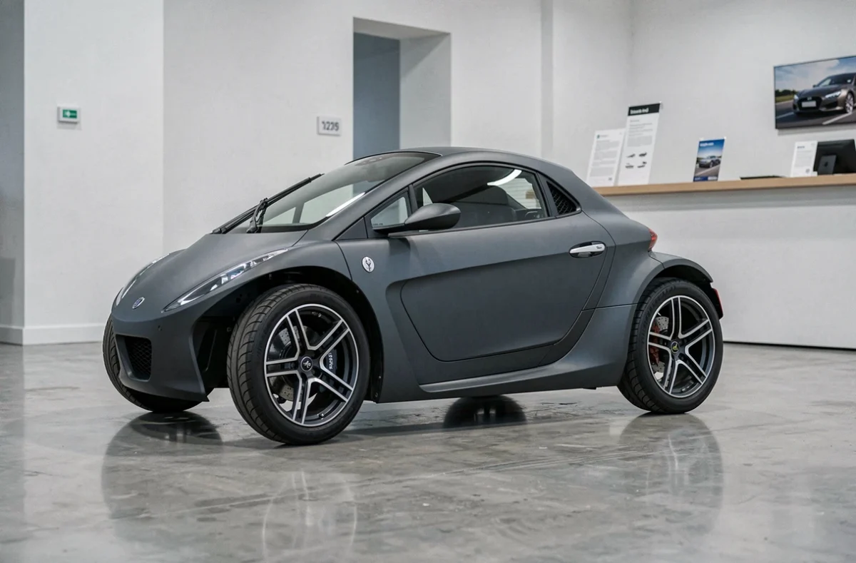 Ligier Xtoo R gris anthracite exposée dans un showroom automobile moderne au sol en béton poli