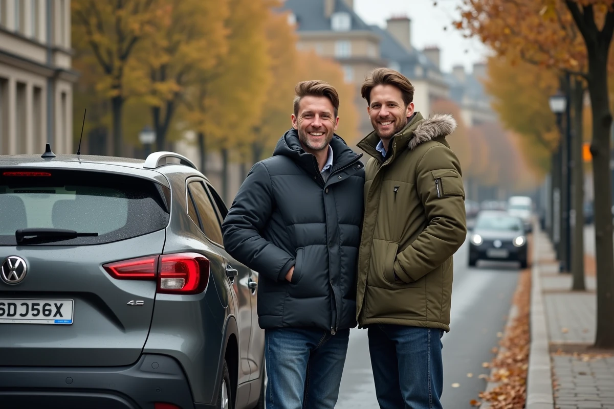Couple inspectant leur voiture d'occasion récemment livrée à domicile dans une rue parisienne après un achat sur Aramisauto