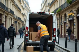 Livreur déchargeant des colis depuis un camion sur une place de livraison à pointillés jaunes dans une rue parisienne haussmannienne