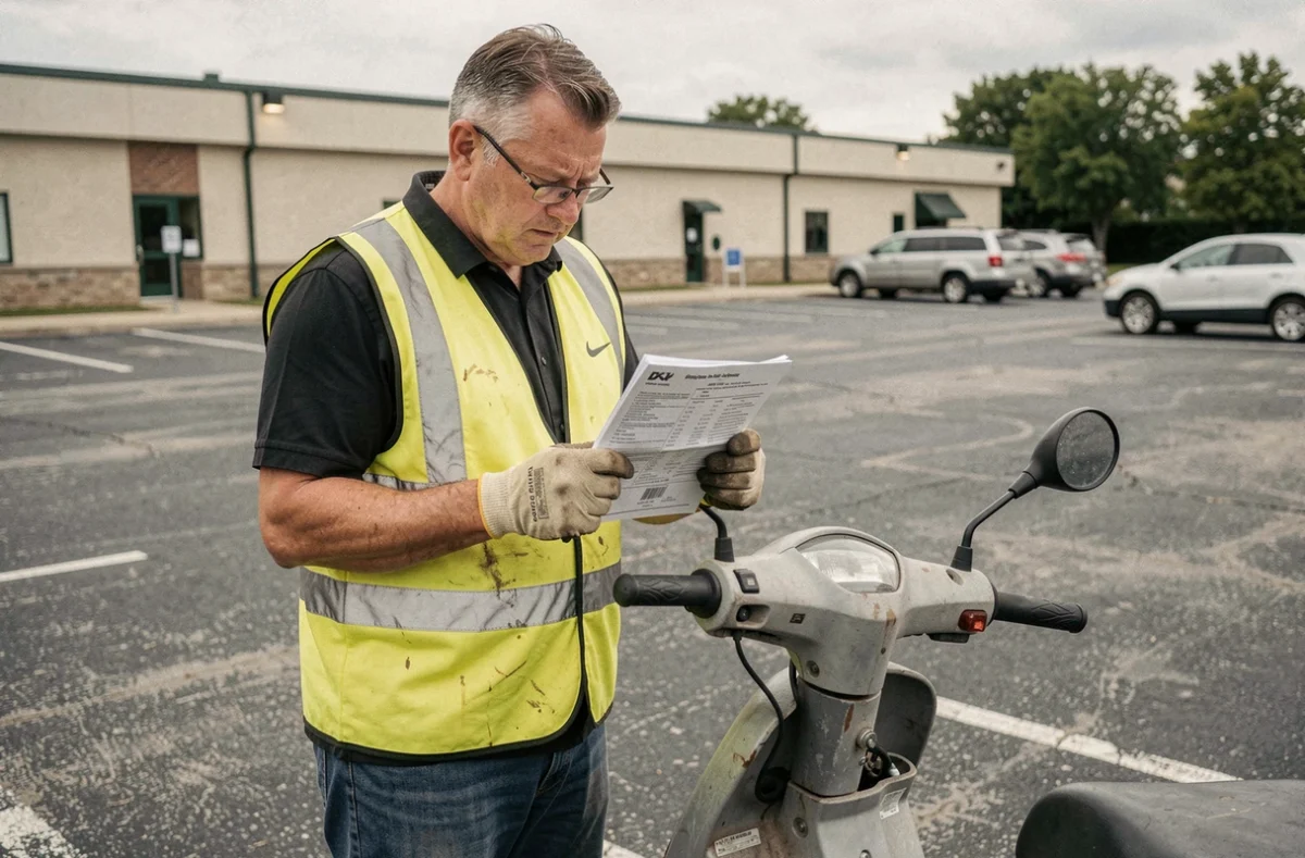 Livreur à scooter consultant son contrat d'assurance malus dans un parking