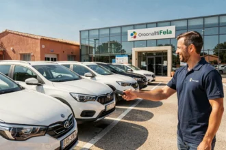 Agence de location de voitures en Haute-Garonne avec rangée de véhicules et agent professionnel remettant des clés à un client