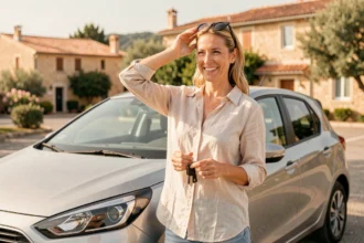 Femme souriante tenant les clés d'une voiture de location devant une agence dans le Var en été