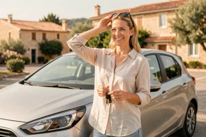Femme souriante tenant les clés d'une voiture de location devant une agence dans le Var en été