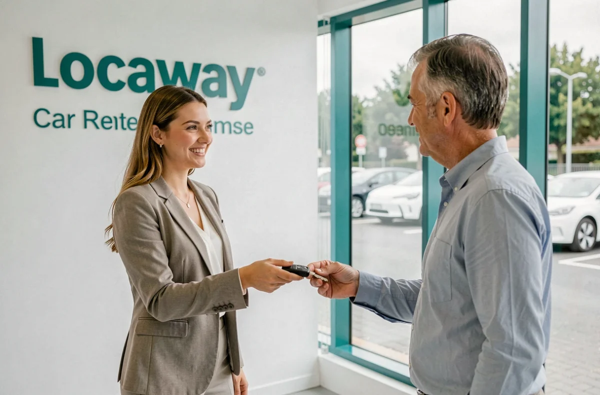 Agence Locaway à Balma avec une jeune agente présentant des clés de voiture à un client dans un intérieur moderne et lumineux