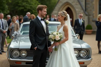 Jeune couple de mariés avec voiture vintage et accessoires geek