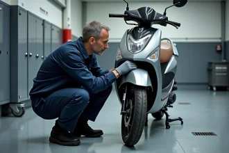 Mécanicien effectuant le contrôle technique d'un scooter dans un centre d'inspection agréé