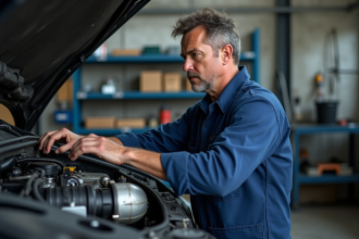 Mécanicien homme examinant un moteur diesel en atelier