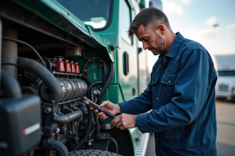 Mécanicien expérimenté inspectant un moteur de camion d'occasion