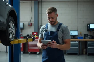 Mécanicien homme en atelier vérifiant une tablette