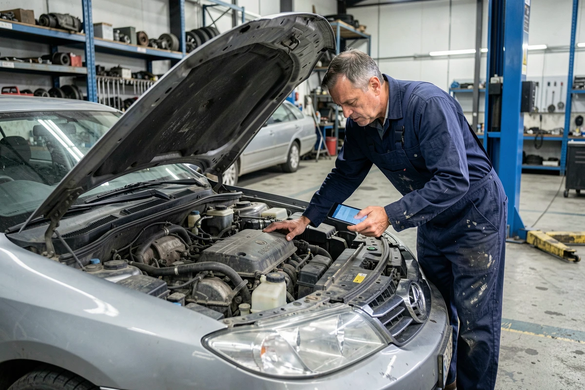 Mécanicien inspectant le moteur d'une voiture pour vérifier les effets de l'utilisation régulière de l'éthanol