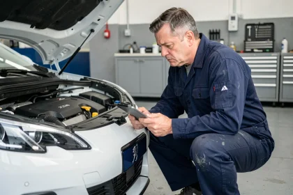 Mécanicien inspectant le moteur d'une Peugeot 3008 blanche dans un garage professionnel